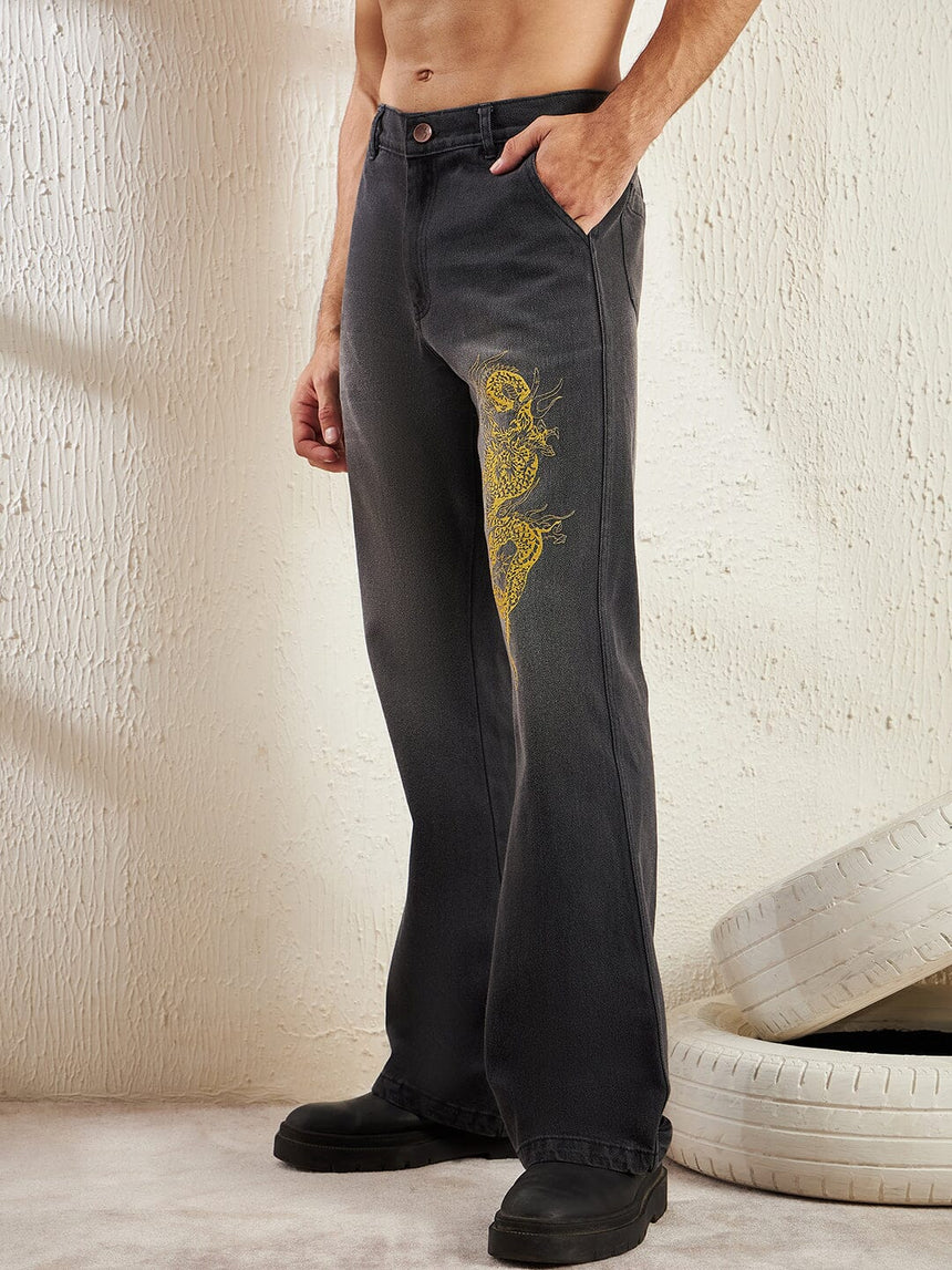 Black Dragon Embroidery Flared Denim Jeans Fugazee