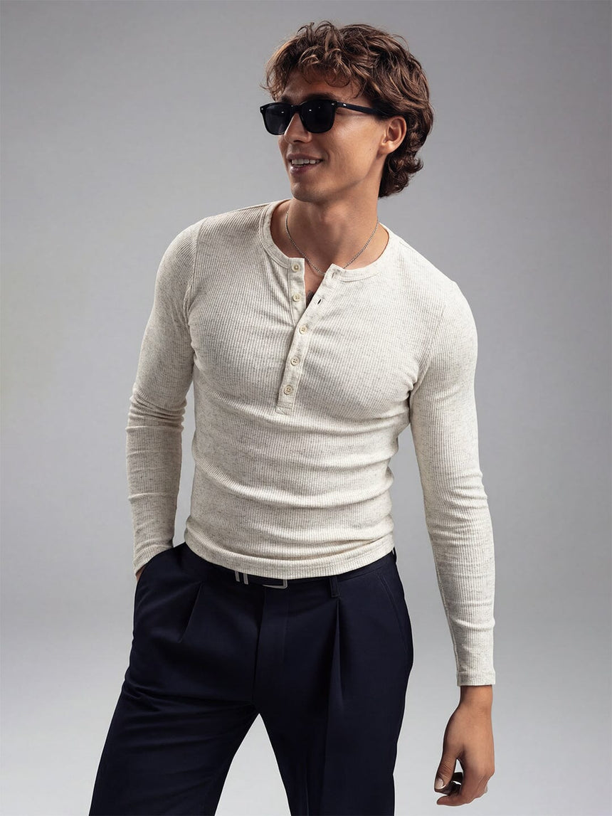 Ecru Melange Ribbed Henley Long sleeves Tshirt T-Shirts Fugazee