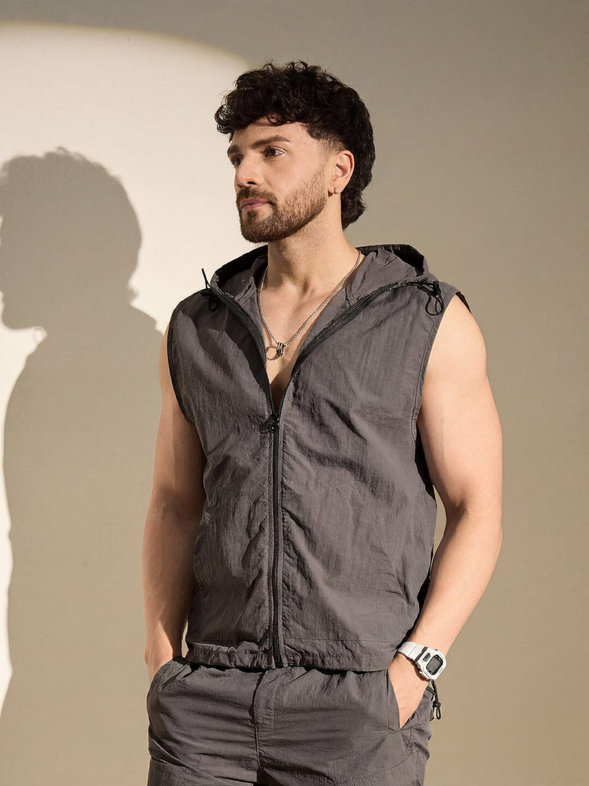 Dark Grey Nylon Sleeveless Windbreaker Jacket Jackets Fugazee