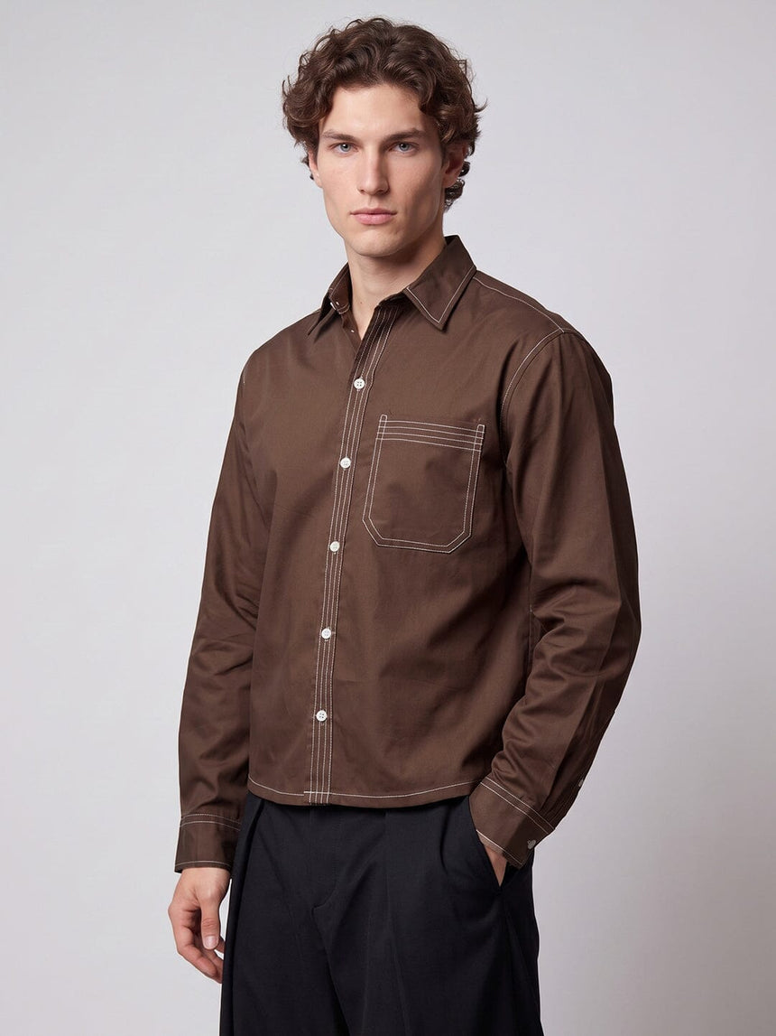 Brown Contrast Stitch Cropped Shirt Shirts Fugazee