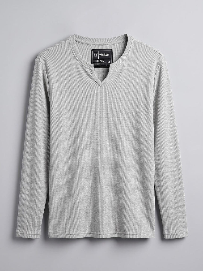 Grey Melange Notch Neck Ribbed Longsleeve Tshirt T-Shirts Fugazee