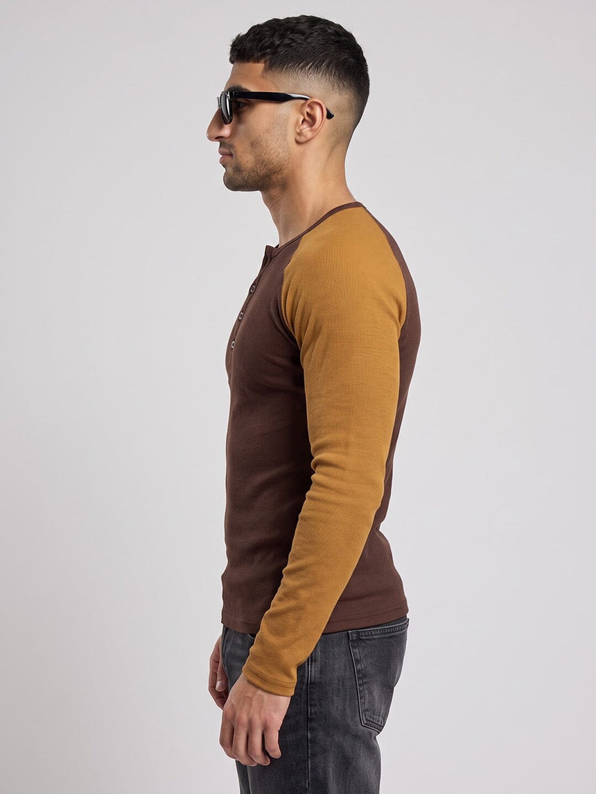 Brown & Tan Raglan Ribbed Henley Tshirt T-Shirts Fugazee