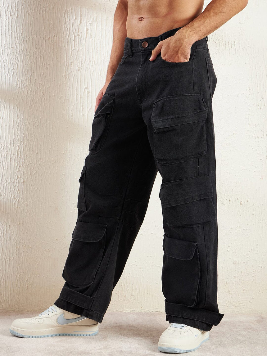 Black Super Baggy Cargo Denim Jeans Fugazee