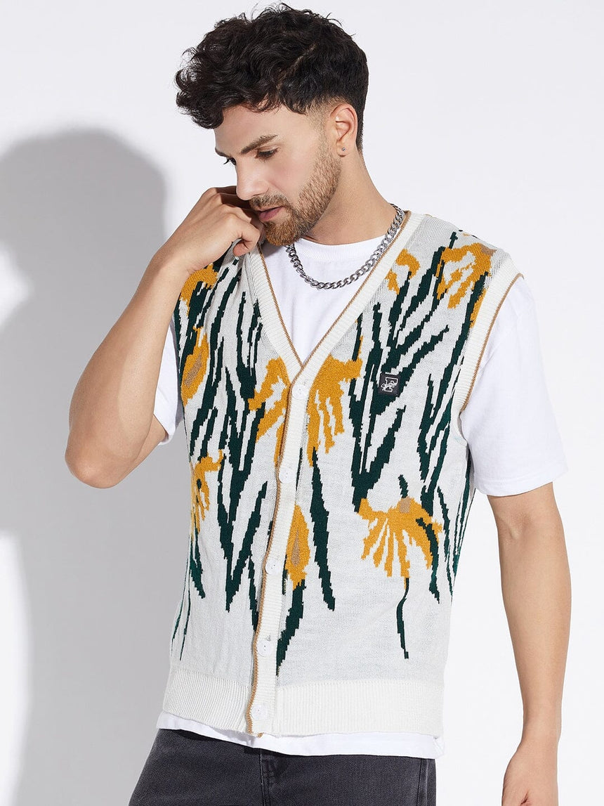 White Printed Sleeveless Cardigan Sweaters Fugazee