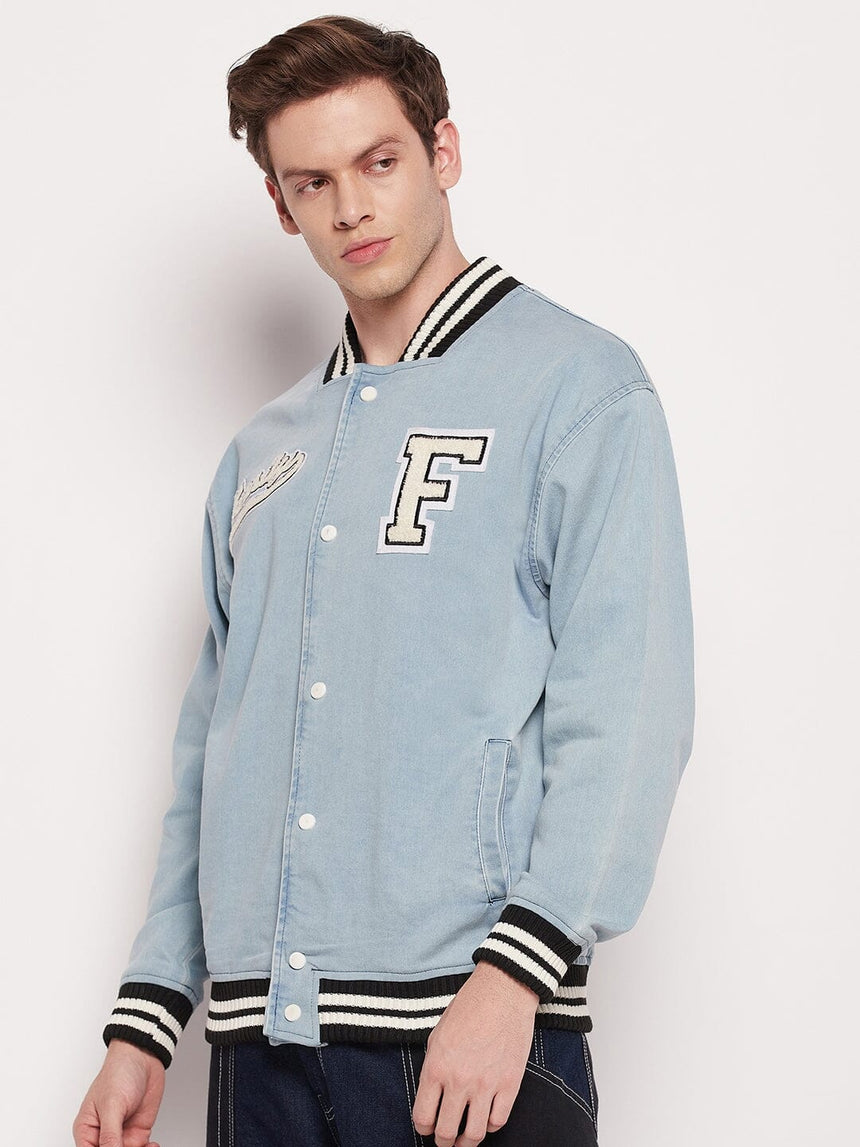 Blue Denim Varsity Jacket Jackets Fugazee