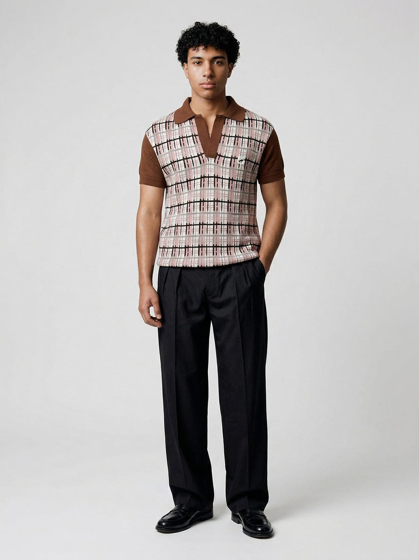 Brown Checkered Knitted Polo Tshirt T-Shirts Fugazee