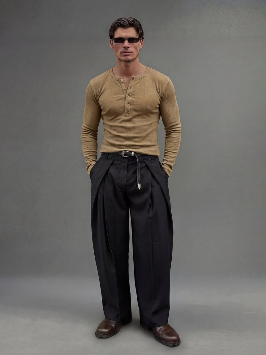 Beige Ribbed Henley Longsleeves Tshirt T-Shirts Fugazee