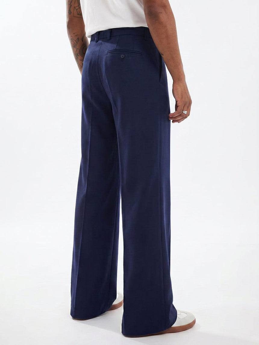 Navy Wide Leg Pleated Trousers Trousers Fugazee