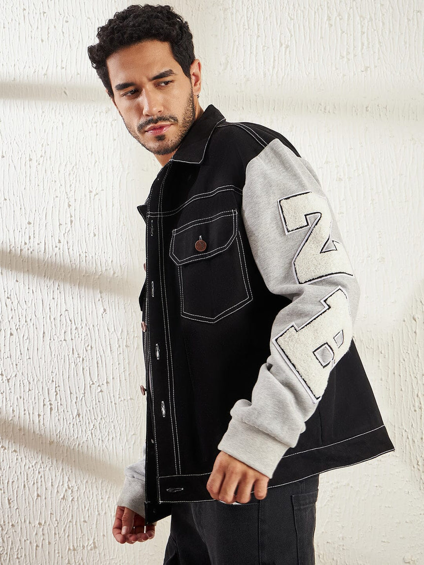 Black Letterman Contrast Stitch Jacket Jackets Fugazee