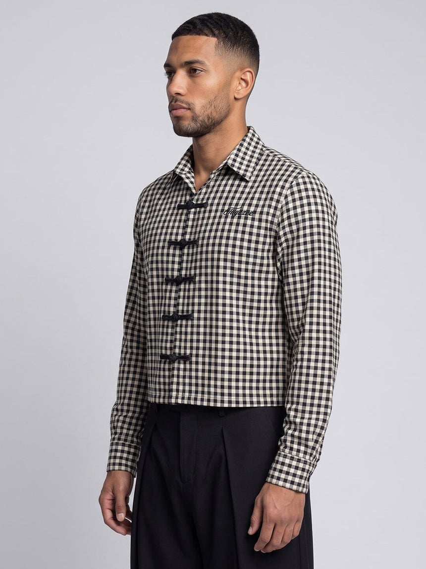 Black Checkered Frog Knot Buttoned Cropped Shirt Shirts Fugazee