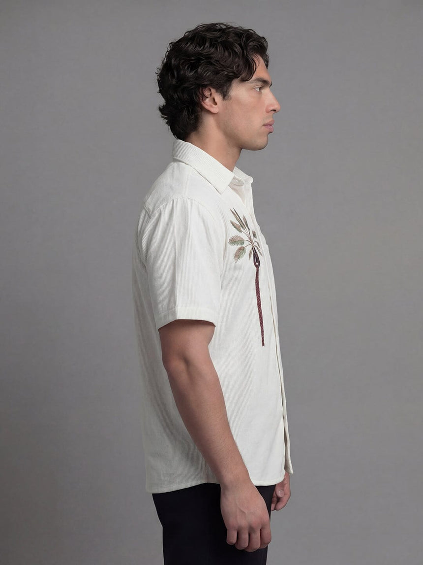 White Palm Embroidery Corduroy Short Sleeves Shirt Shirts Fugazee