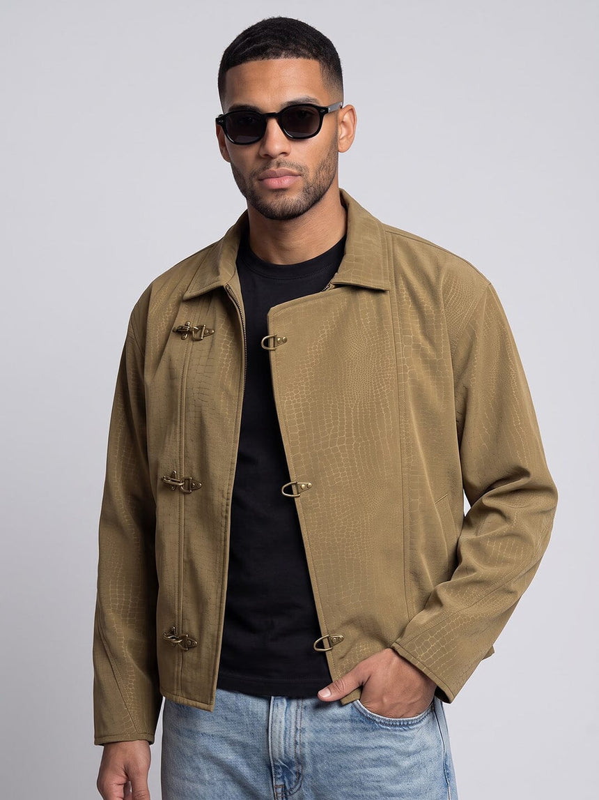 Tan Croc Textured Fireman Clasp Harrington Jacket Jackets Fugazee