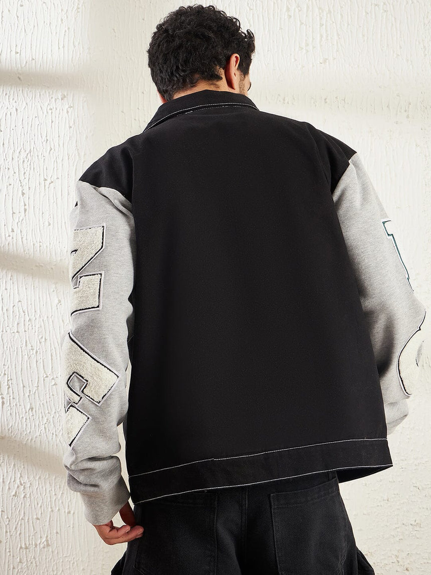 Black Letterman Contrast Stitch Jacket Jackets Fugazee