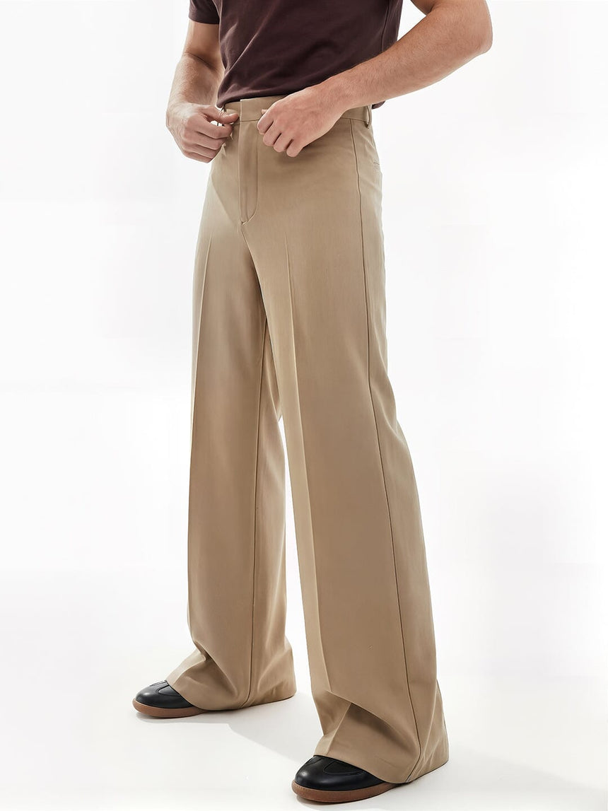 Beige High waisted Bell Bottom Trousers Trousers Fugazee