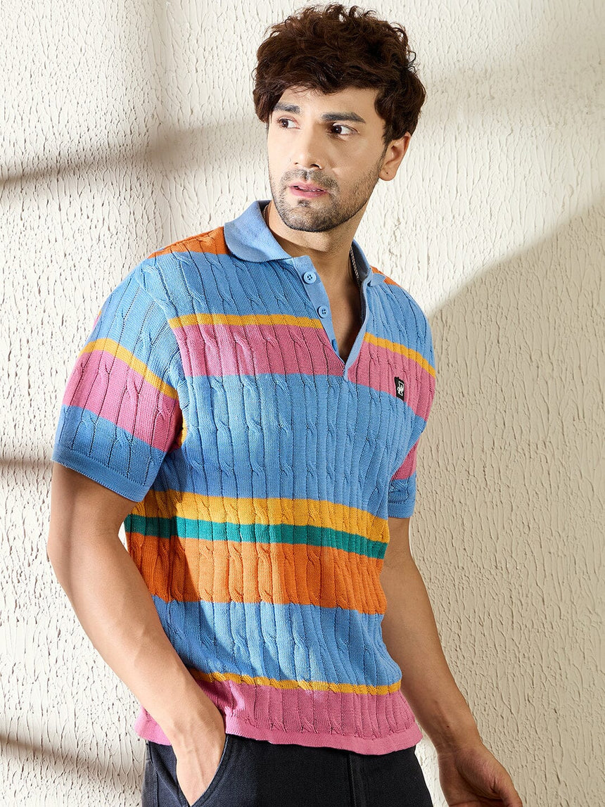Sky Striped Cable Knit Polo Tshirt T-Shirts Fugazee