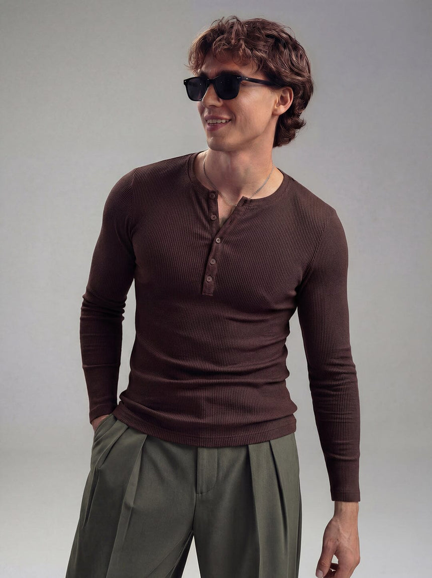 Coffee Ribbed Henley Longsleeves Tshirt T-Shirts Fugazee