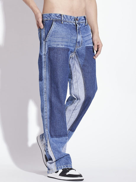 Mid Blue Contrast Panel Flared Denim Jeans Fugazee