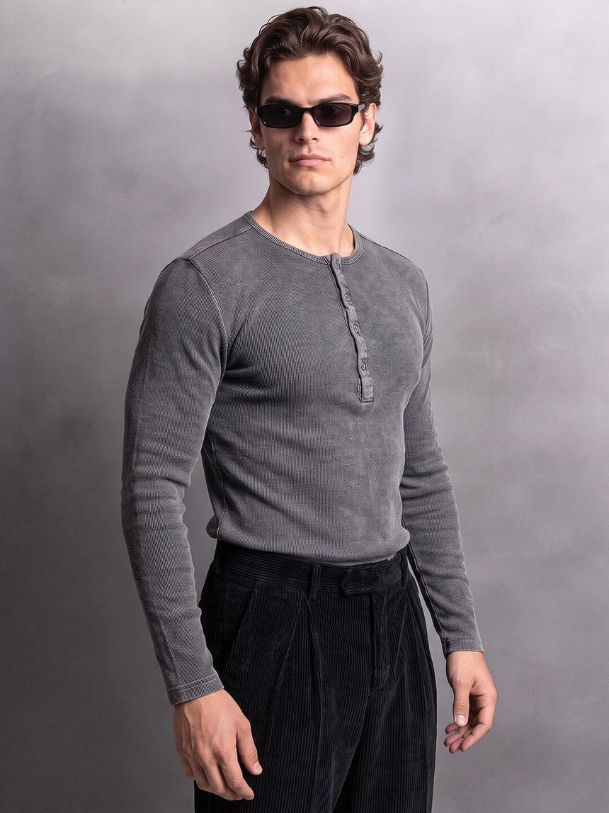 Black Acid Washed Ribbed Longsleeve Henley Tshirt T-Shirts Fugazee