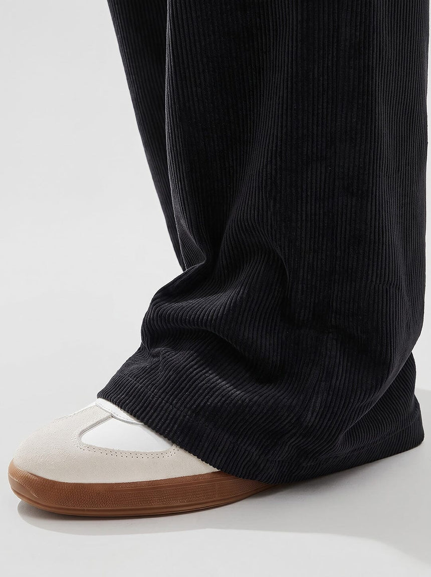 Black Corduroy High Waisted Flared Trousers Trousers Fugazee