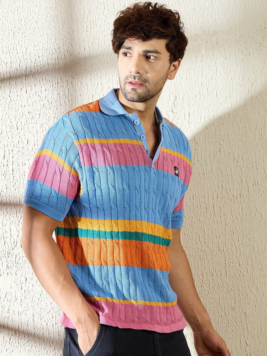 Sky Striped Cable Knit Polo Tshirt T-shirts Fugazee