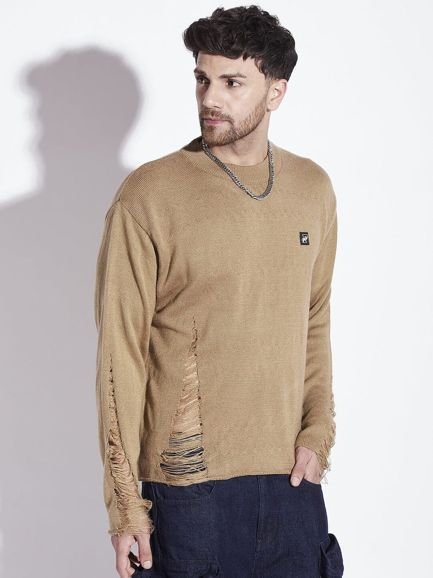 Beige Damaged Raw Edge Sweater Sweaters Fugazee