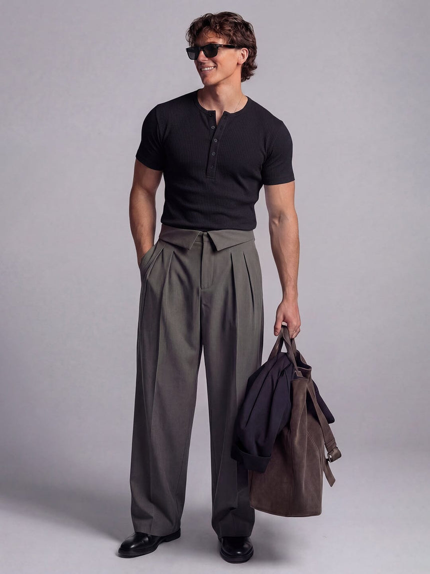 Black Ribbed Henley Short Sleeves Tshirt T-Shirts Fugazee