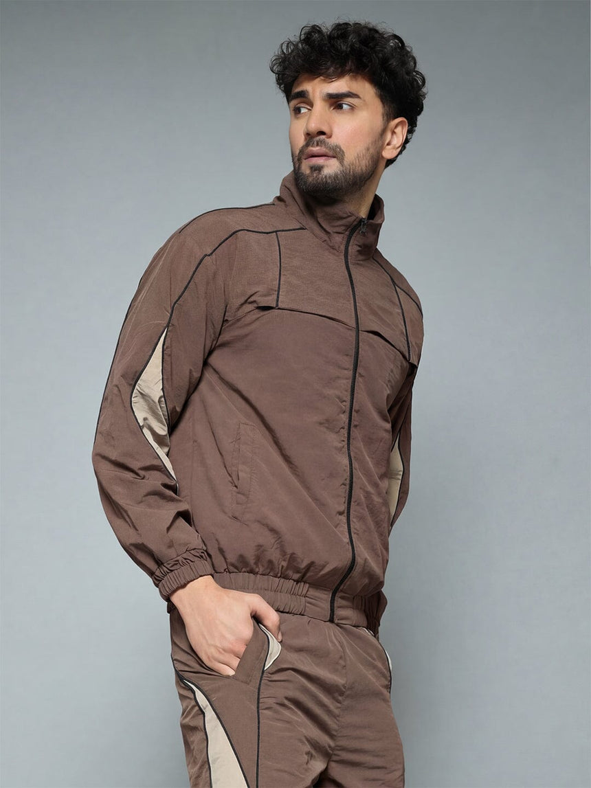 Brown And Beige Cut And Sew Jacket Jackets Fugazee