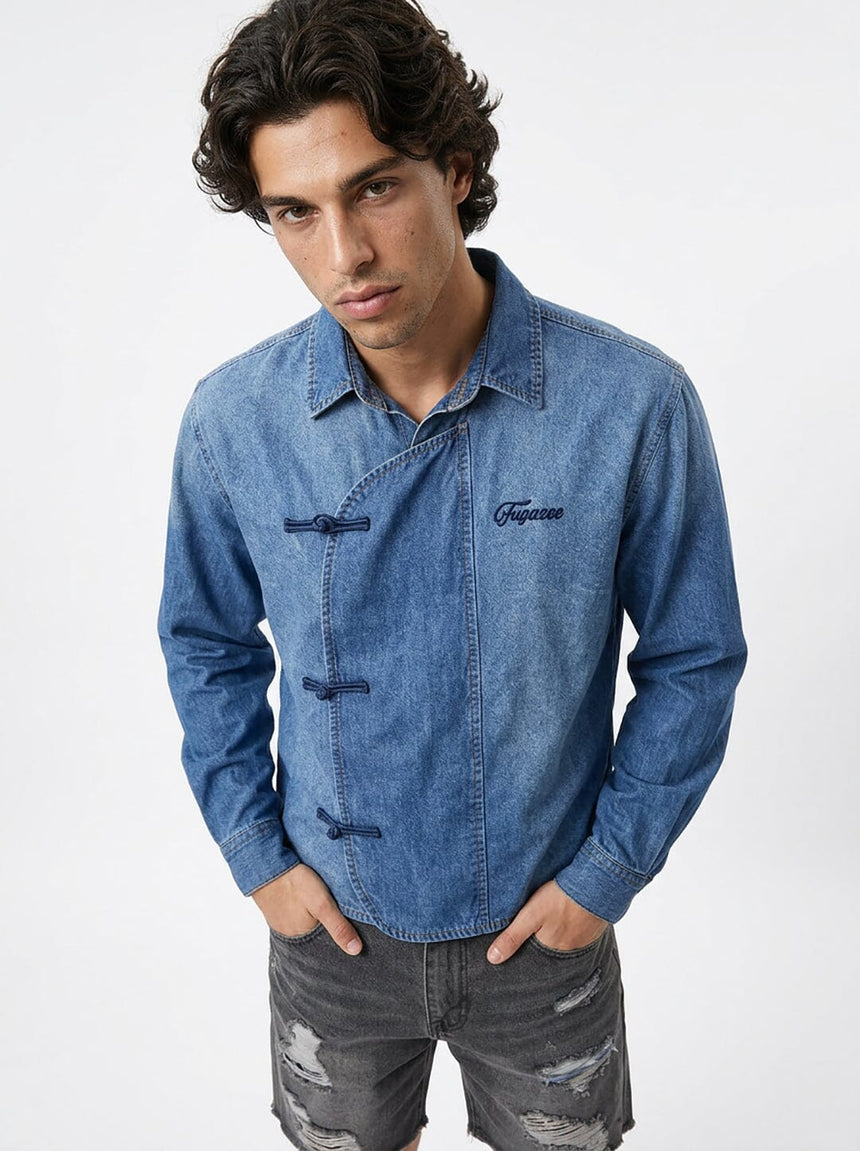 Denim Chinese Frog Buttoned Cropped Denim Shirt Shirts Fugazee