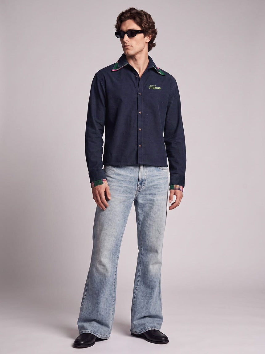 Navy Corduroy Double Collared Cropped Shirt Shirts Fugazee