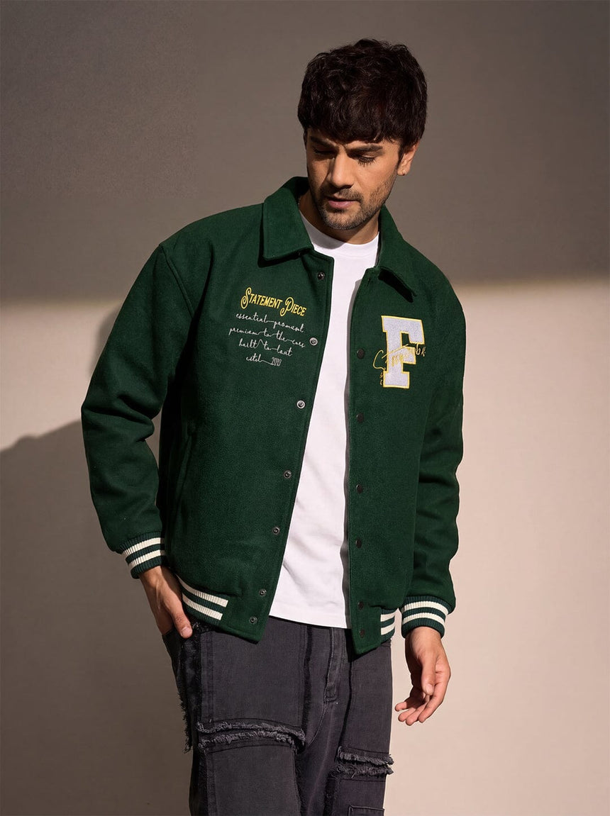 Green Statement Woollen Sleeves Varsity Jacket Jackets Fugazee