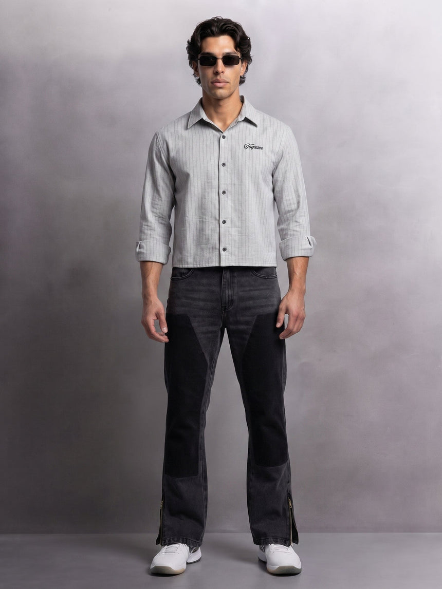 Grey Striped Cropped Full Sleeves Shirt Shirts Fugazee