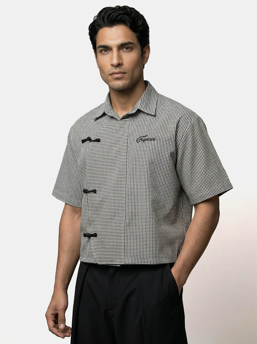 Black Checkered Chinese Frog Buttoned Cropped Shirt Shirts Fugazee