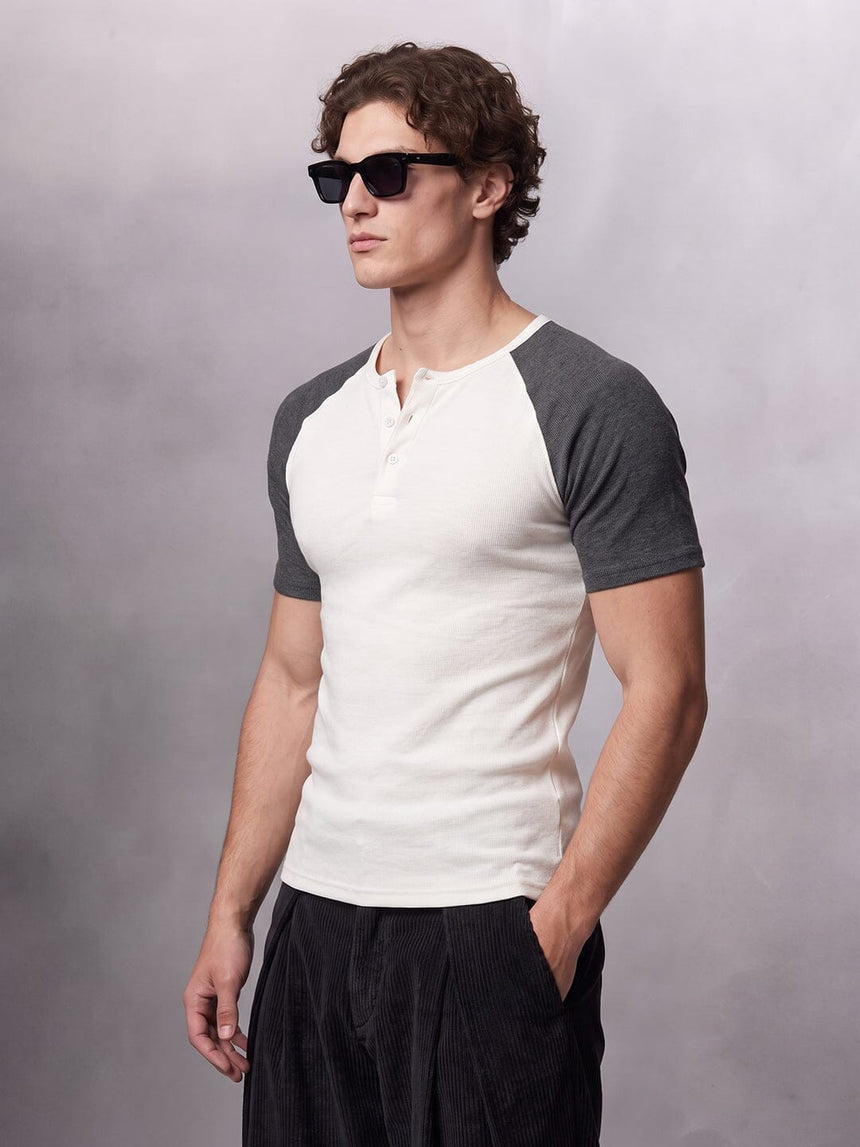 Ecru and Charcoal Raglan Ribbed Henley Tshirt T-Shirts Fugazee