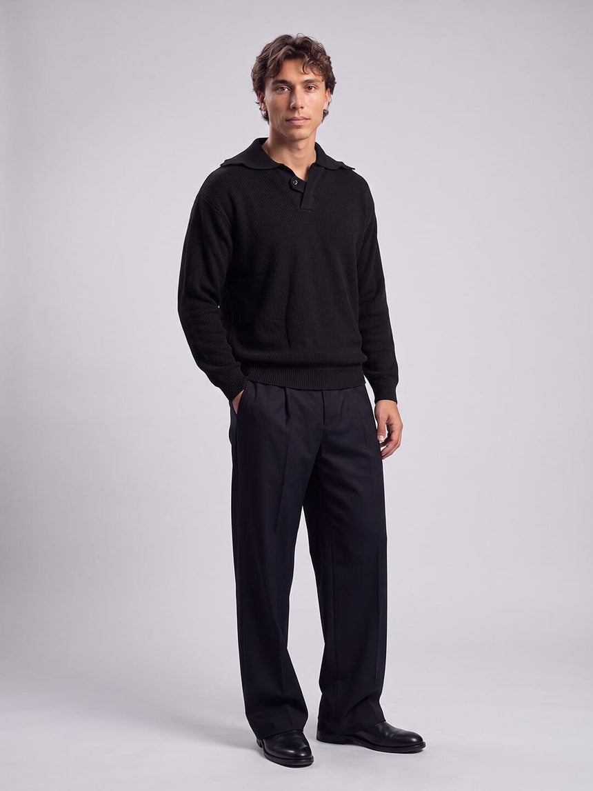 Black Heavy Knit Polo Sweater Sweaters Fugazee