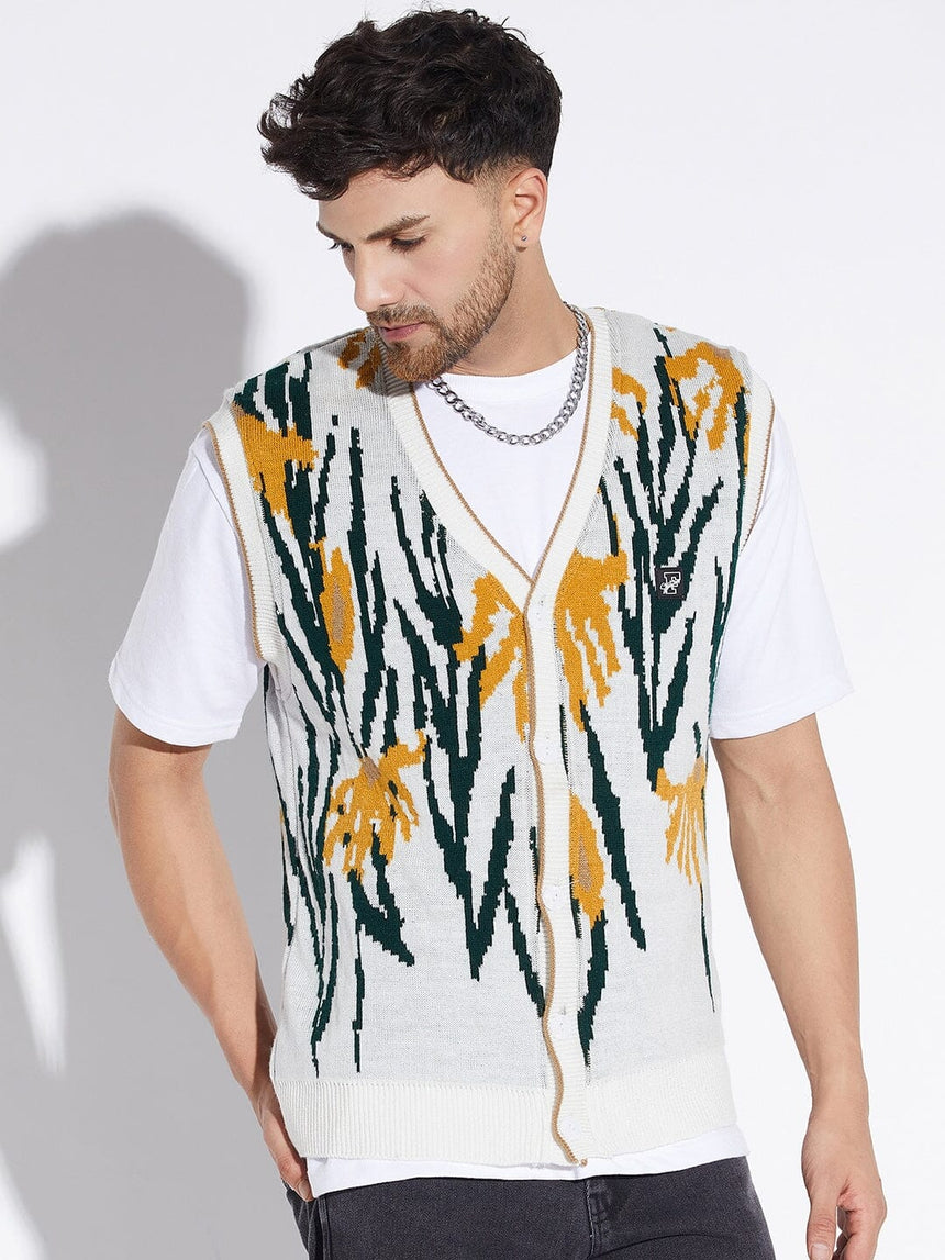 White Printed Sleeveless Cardigan Sweaters Fugazee