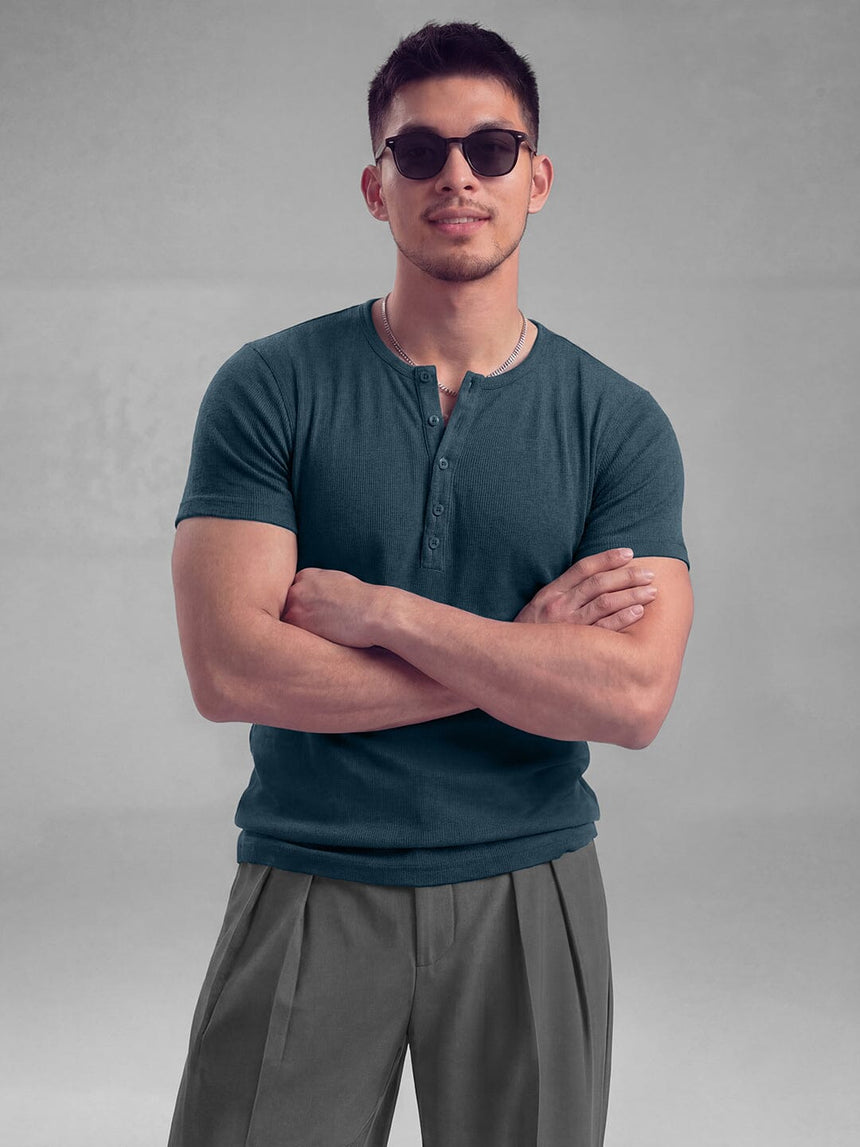 Denim Blue Ribbed Henley Short Sleeves Tshirt T-Shirts Fugazee