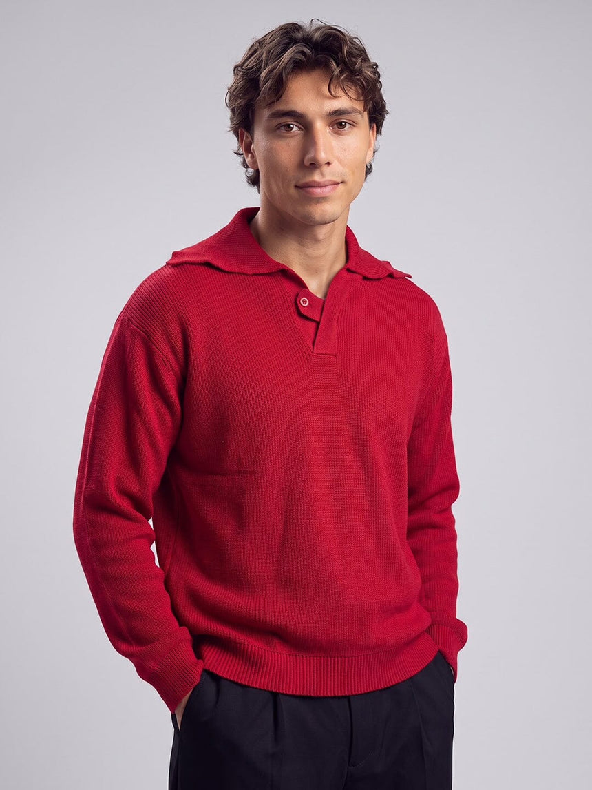Red Heavy Knit Polo Sweater Sweaters Fugazee