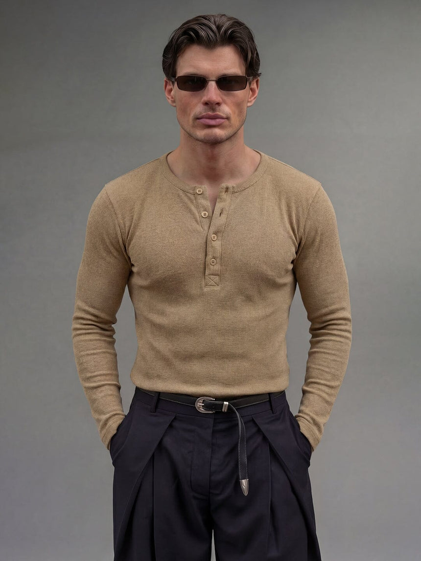 Beige Ribbed Henley Longsleeves Tshirt T-Shirts Fugazee
