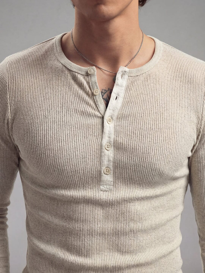 Ecru Melange Ribbed Henley Long sleeves Tshirt T-Shirts Fugazee