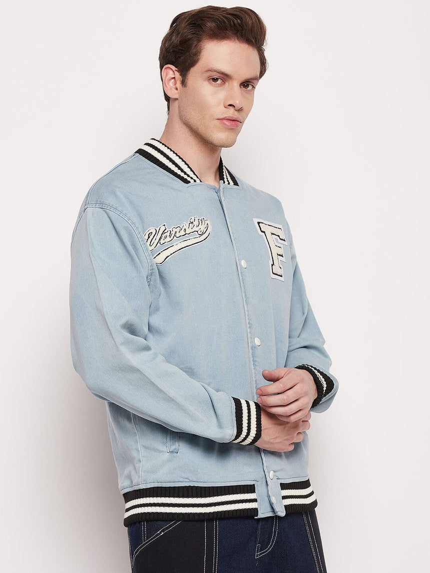 Blue Denim Varsity Jacket Jackets Fugazee
