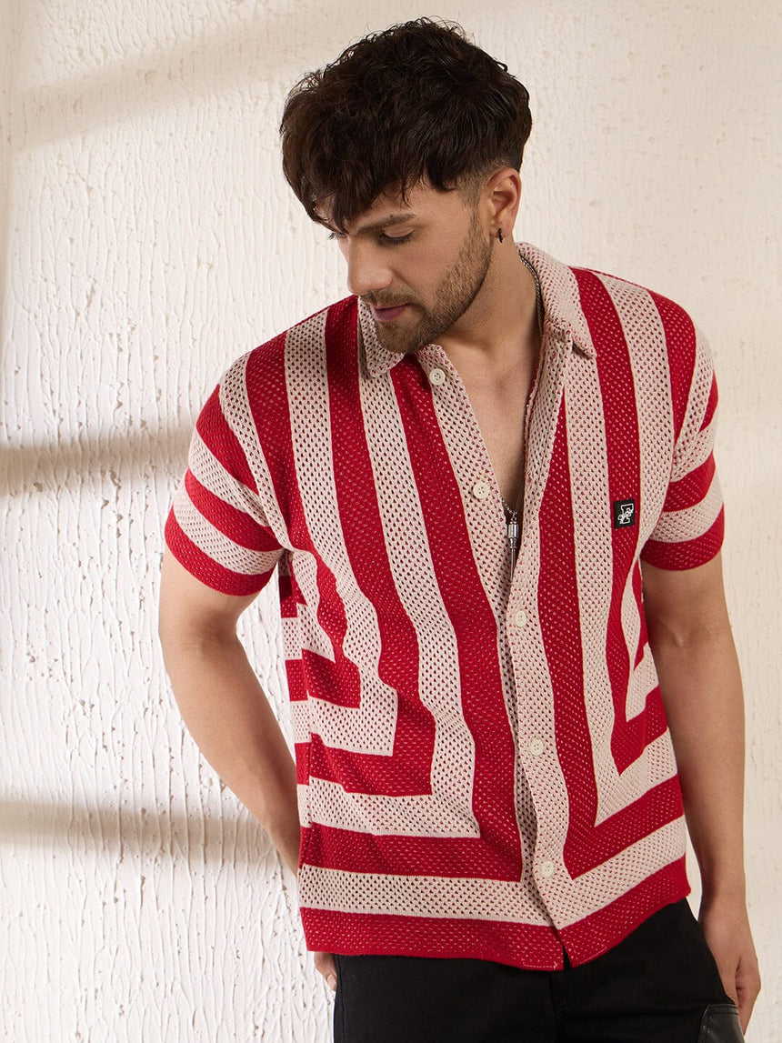 Red Striped Crotchet Knitted Shirt Shirts Fugazee