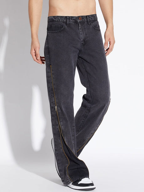 Black Zipped Adjustable Flared Denim Jeans Fugazee