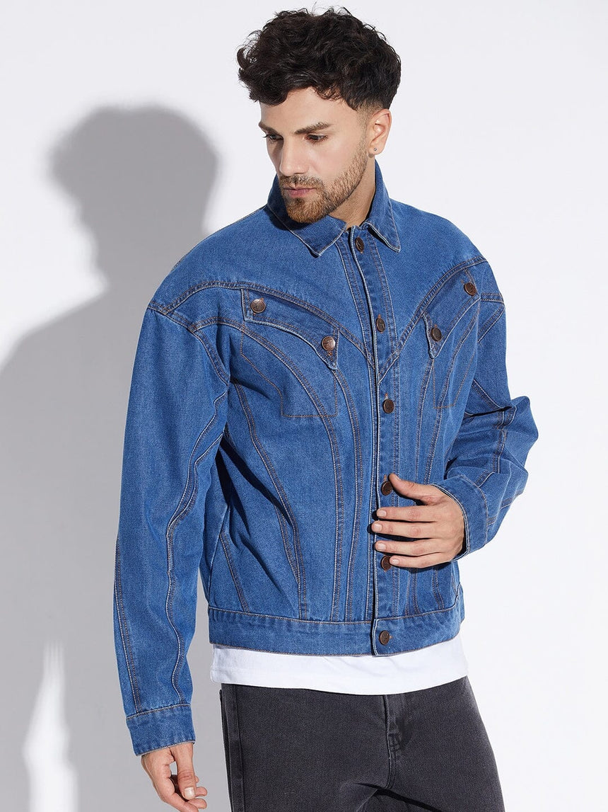 Mid Wash Wavy Panelled Oversized Denim Jacket Jackets Fugazee