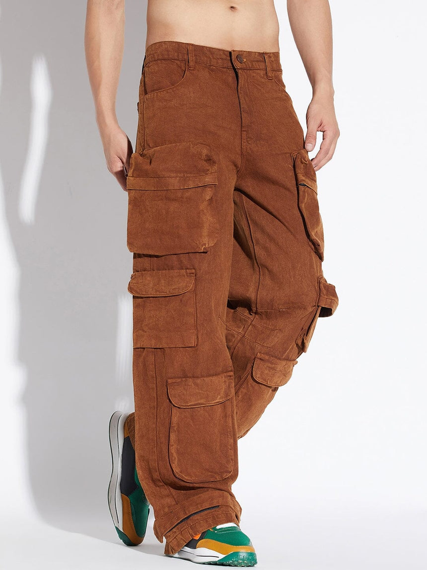 Brown Super Baggy Cargo Denim Jeans Fugazee