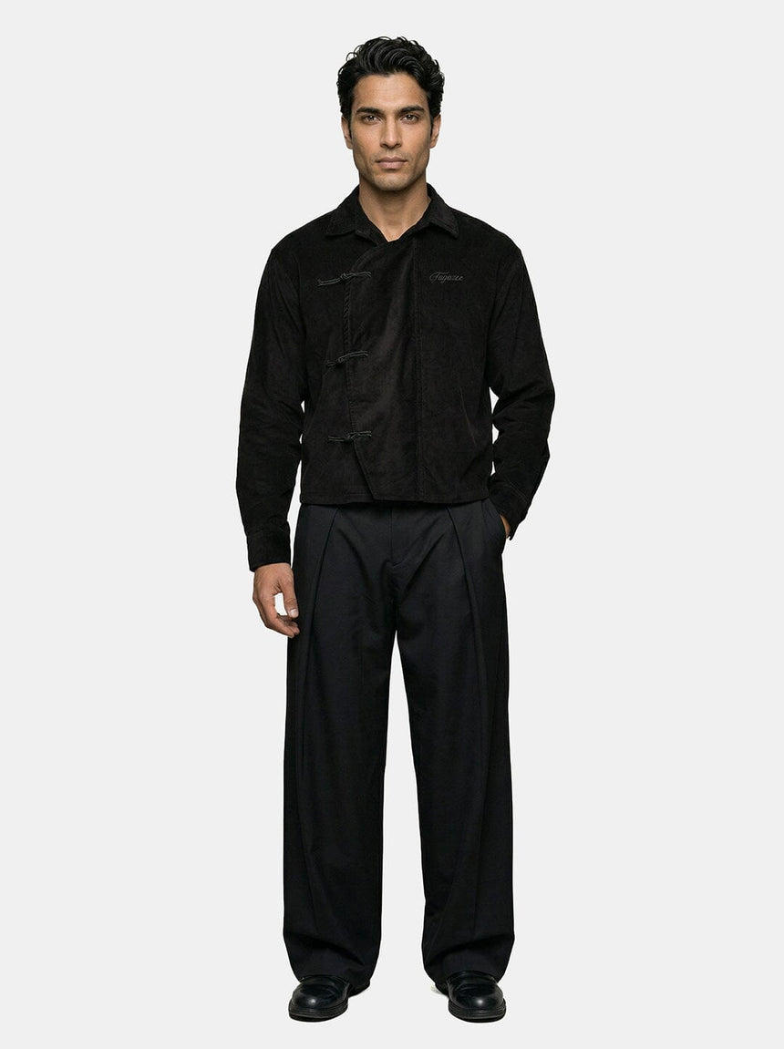 Black Corduroy Chinese Knot Buttoned Cropped Shirt Shirts Fugazee