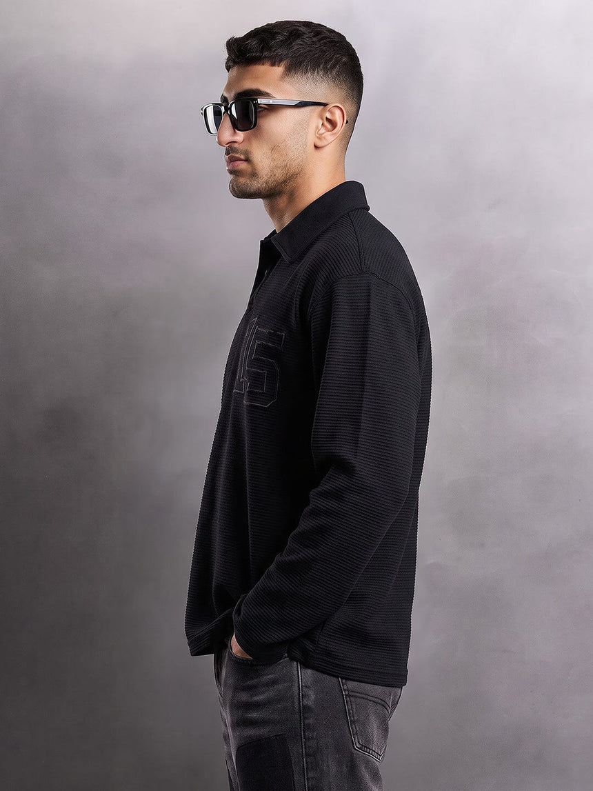 Black Textured Applique Longsleeves Polo Tshirt T-Shirts Fugazee