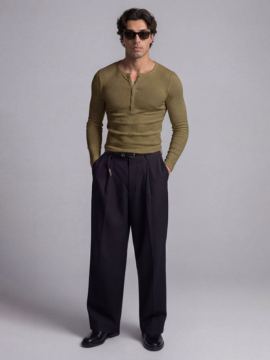 Olive Ribbed Henley Longsleeves Tshirt T-Shirts Fugazee