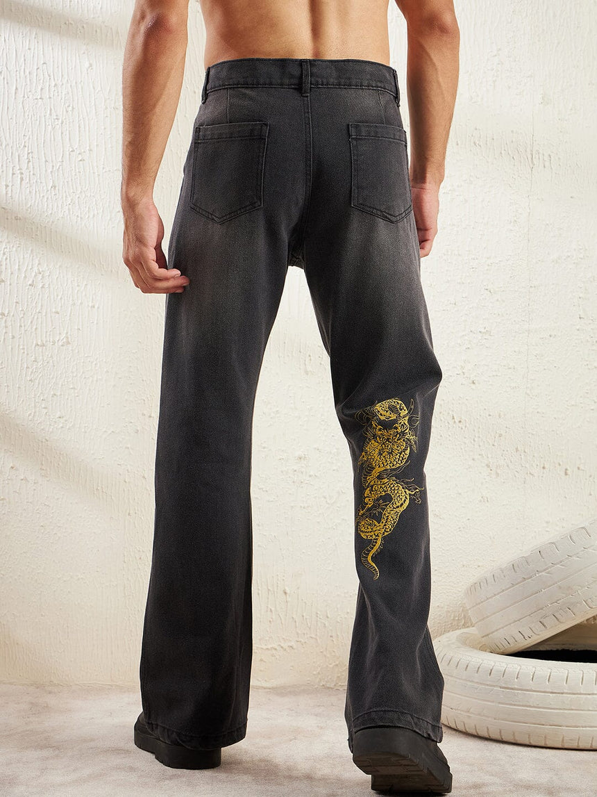 Black Dragon Embroidery Flared Denim Jeans Fugazee
