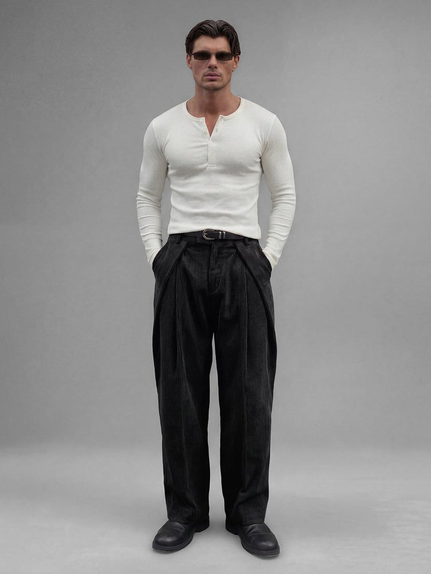 Black Corduroy Pleated Trousers Trousers Fugazee