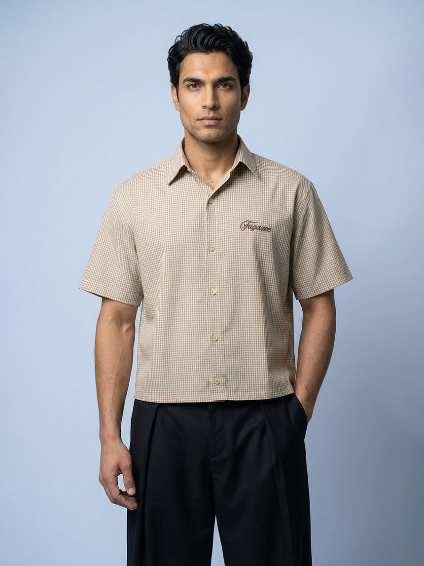 Sand Gingham Cropped Short Sleeve Shirt Shirts Fugazee